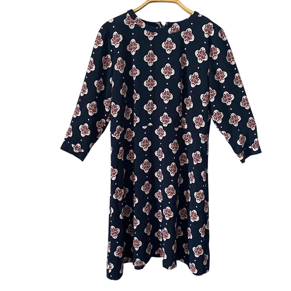 Loft Women Career Navy Blue Floral Medallion 3/4 Sleeve Shift Dress Size 12